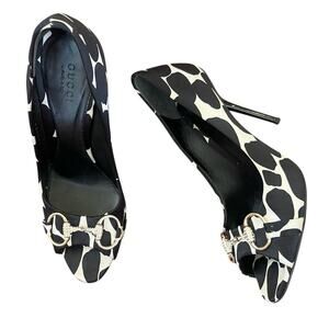 Gucci Women’s Black White Dot Cow Print Silver Bit Open Toe Pump Heels Size 7.5